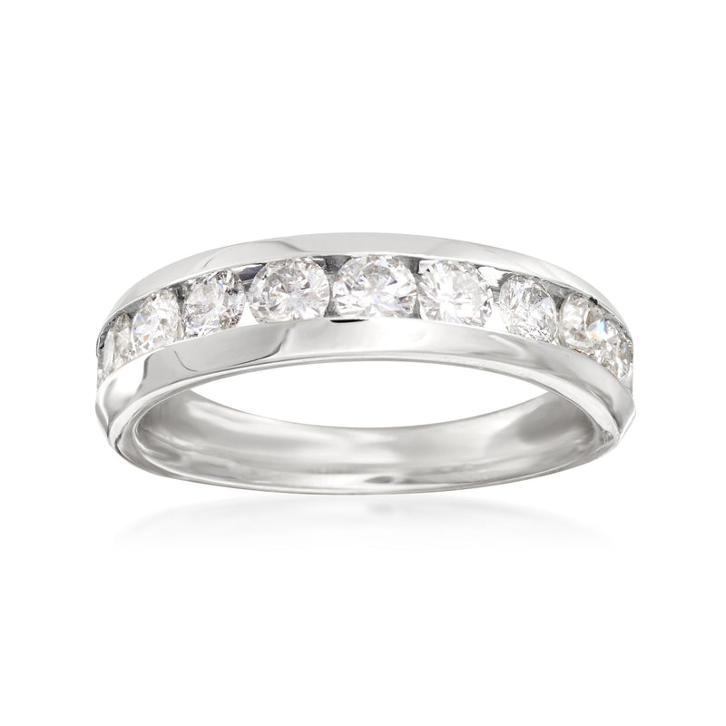 14kt white gold diamond wedding band with round channel-set stones, polished finish