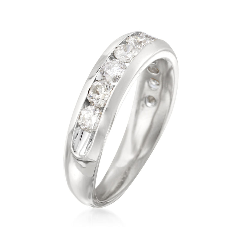 14kt white gold diamond wedding band, side view of channel-set round stones