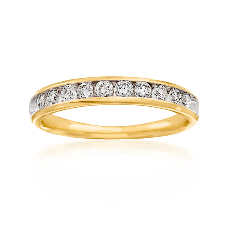 14kt yellow gold wedding band with round white diamonds across the top