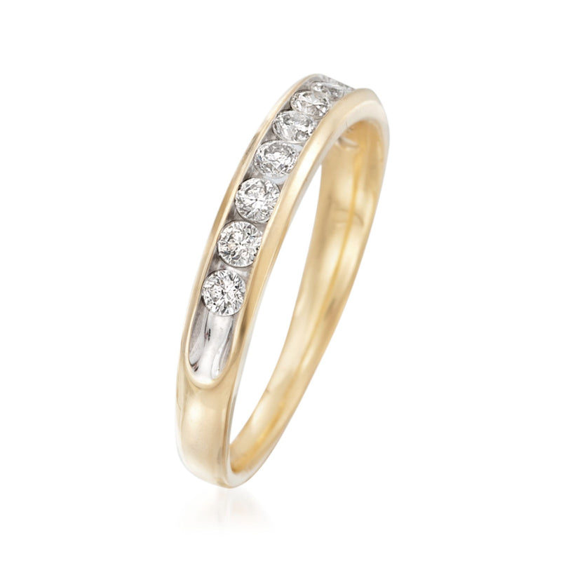14kt yellow gold diamond wedding band with round stones along the curved top