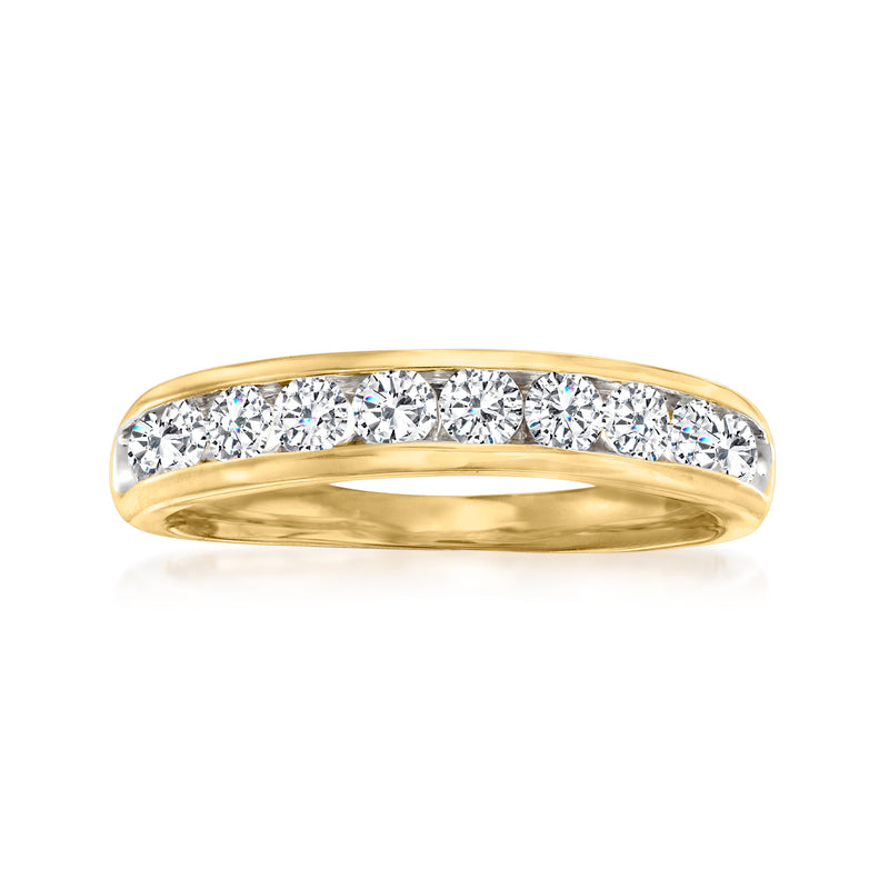 14kt yellow gold diamond wedding band with channel-set round stones, polished finish