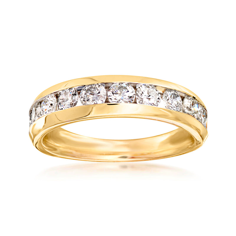 14kt yellow gold diamond wedding band with round clear stones along top