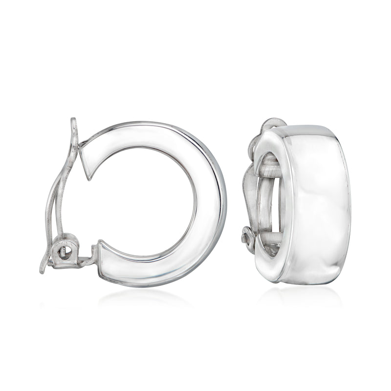 Sterling silver clip-on hoop earrings with secure clasp, polished round hoop pair