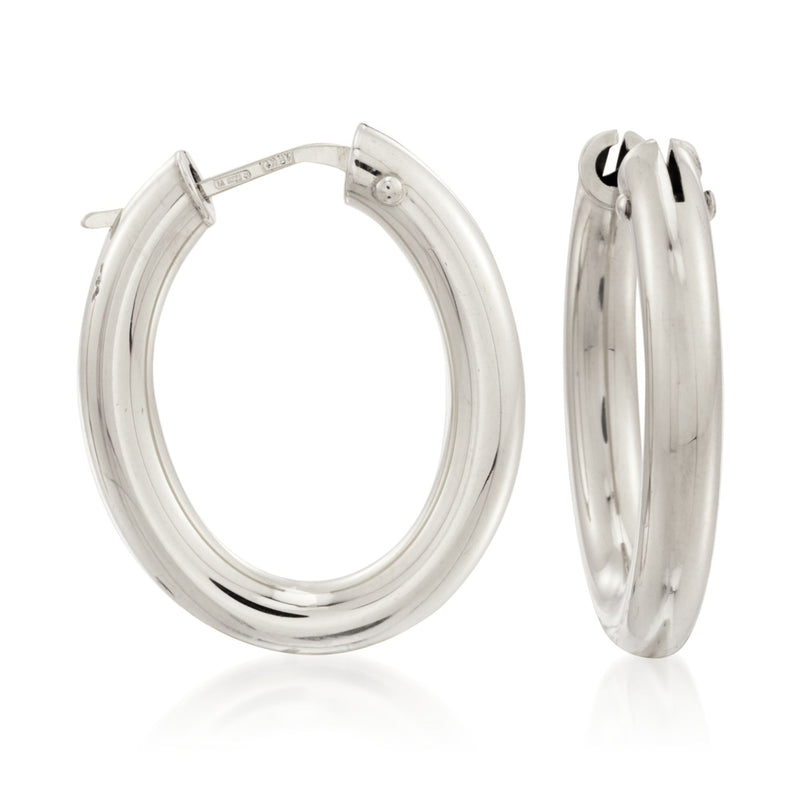 Roberto Coin oval hoop earrings in 18kt white gold, polished, hinged closure.