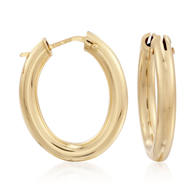 Oval hoop earrings in 18kt yellow gold, polished finish with hinged clasp.