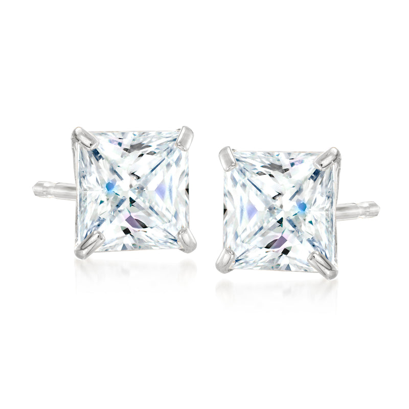 Princess-cut CZ stud earrings, square stones in 14kt white gold prong settings