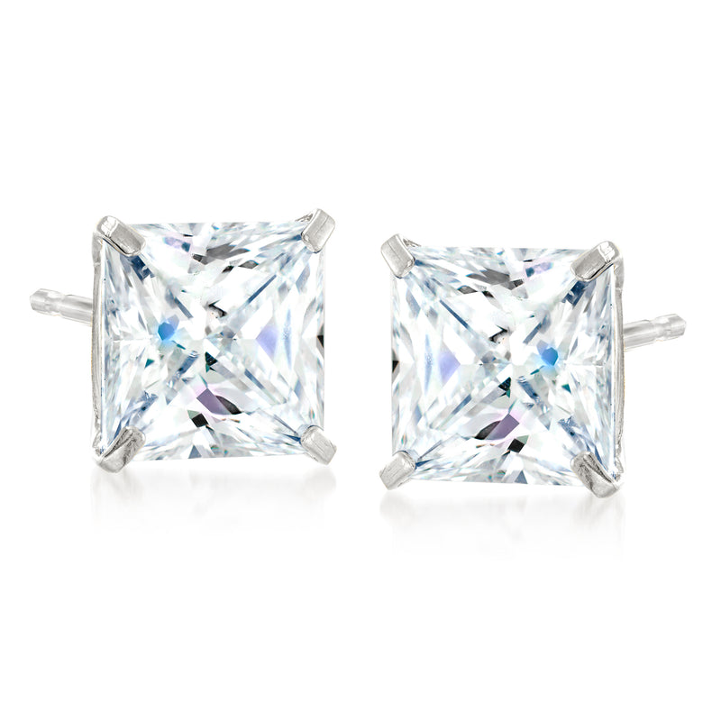 Princess-cut CZ stud earrings in 14kt white gold, square stones with prong setting