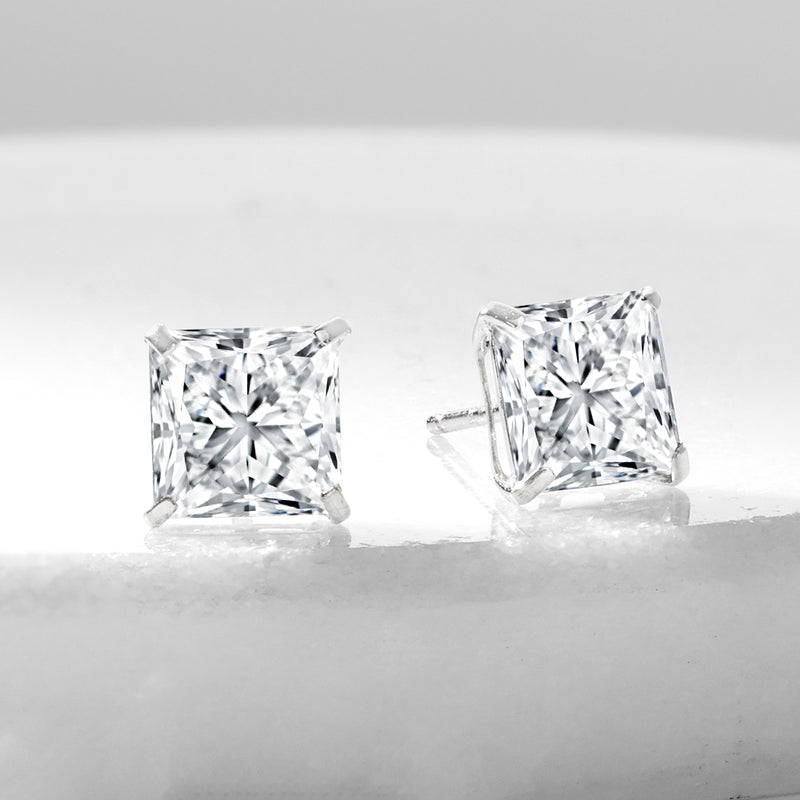 Princess-cut CZ stud earrings, square stone heads and post backs in 14kt white gold