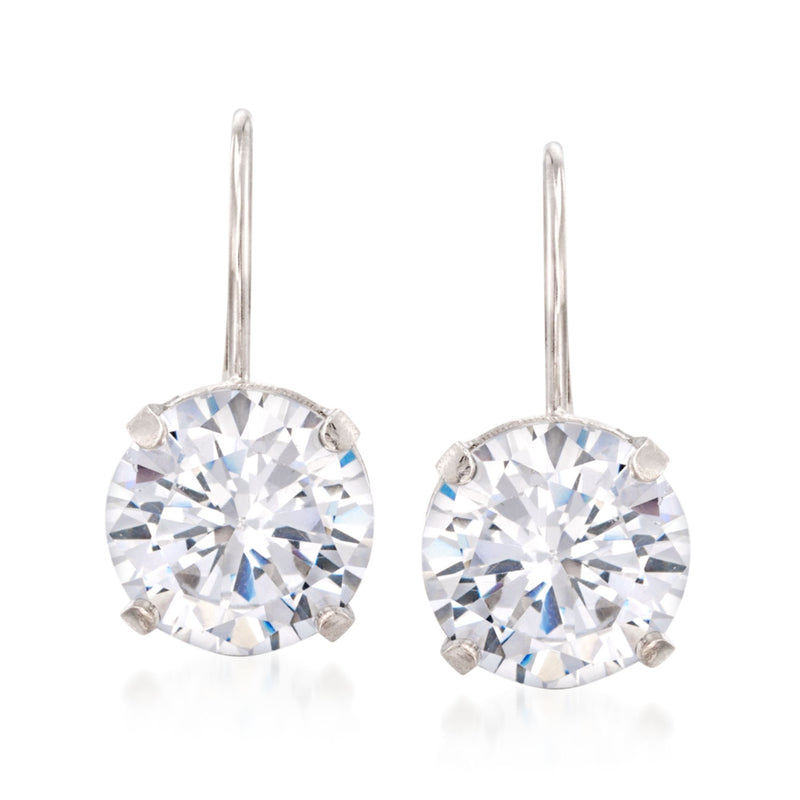 14kt white gold CZ drop earrings with round crystal center and leverback hooks