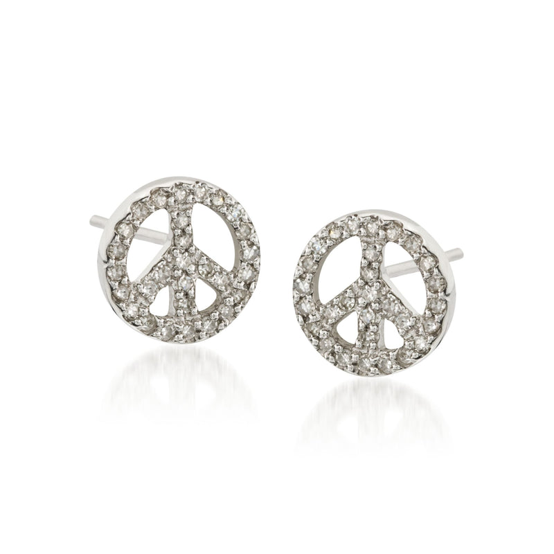 Diamond peace sign stud earrings in white gold