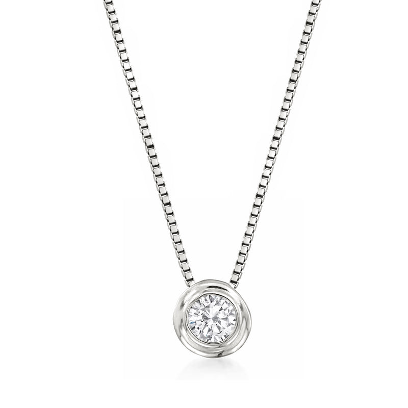 Round diamond pendant necklace in 14kt white gold with bezel-set center stone