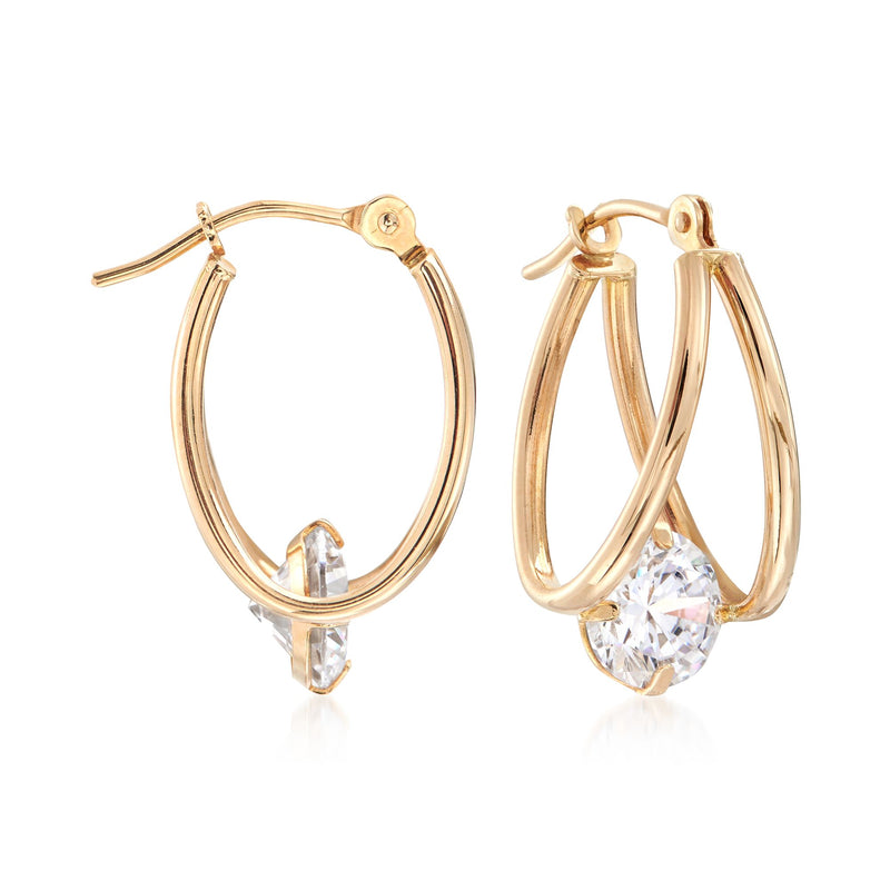 Yellow gold hoop earrings with U-shaped design and clear CZ stone accents