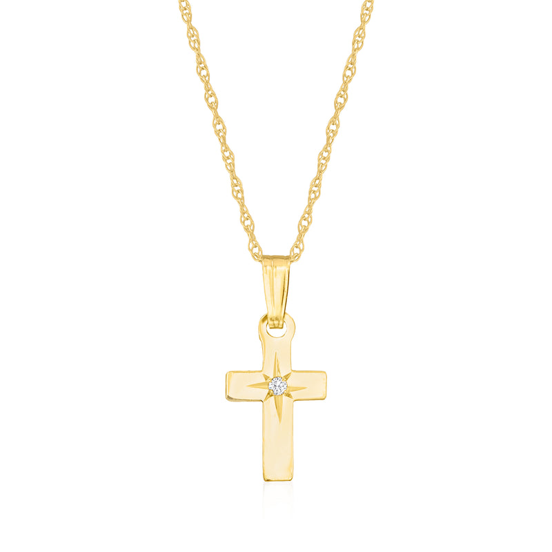 14kt yellow gold cross pendant necklace with single diamond, baby size
