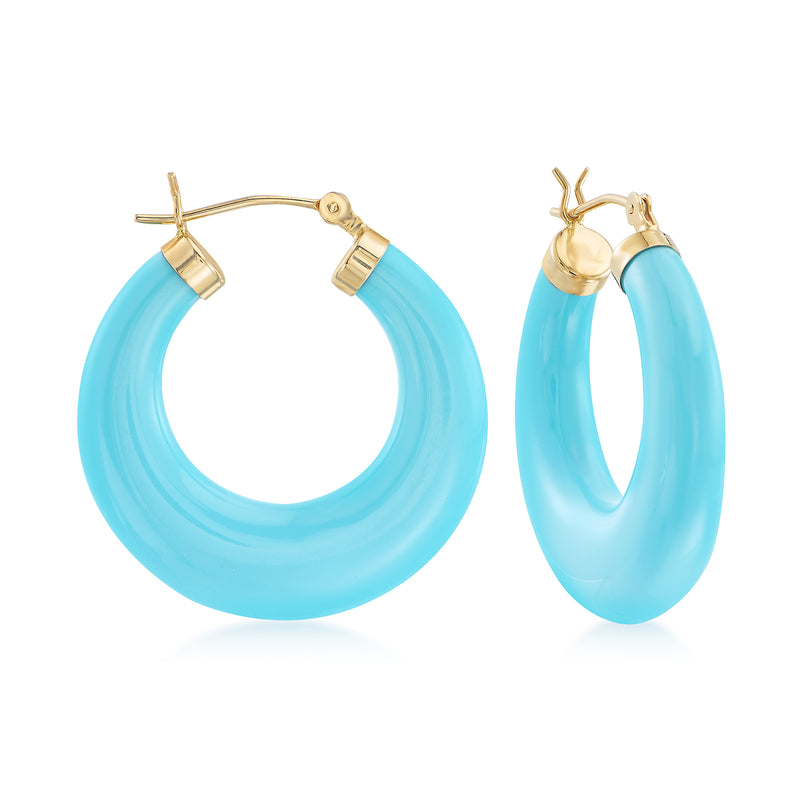 Turquoise enamel hoop earrings with 14kt yellow gold clasp and hinged post