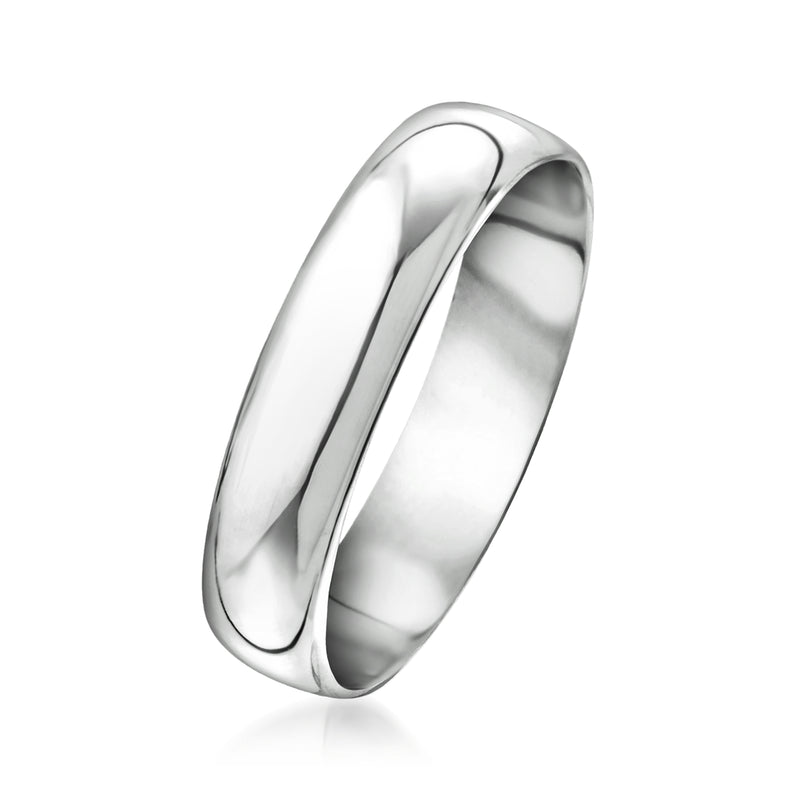 Polished white gold band ring shown at an angle with mirror finish