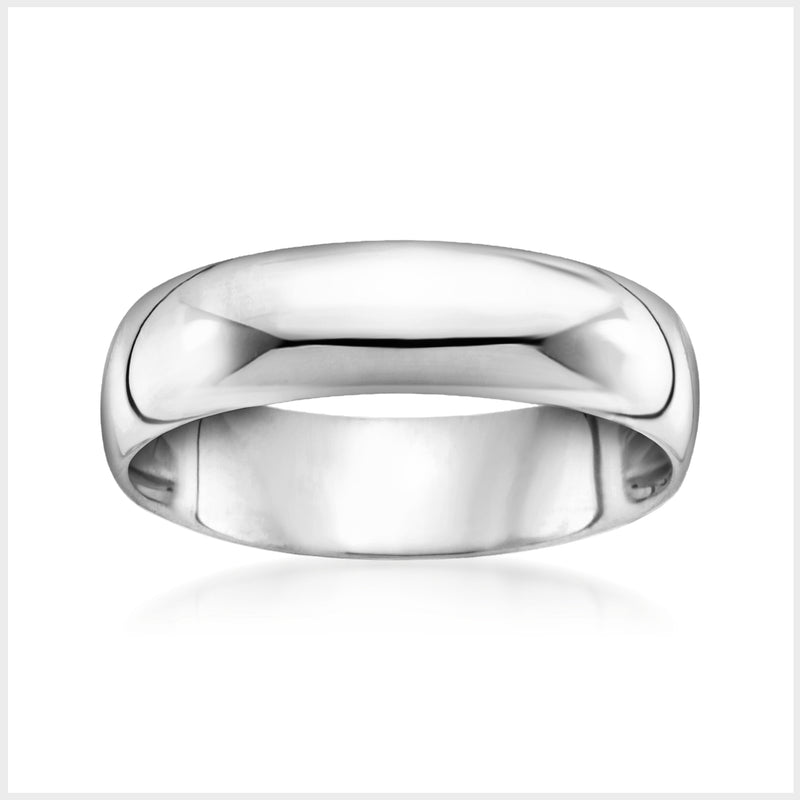 Men's polished white gold ring band, smooth rounded profile