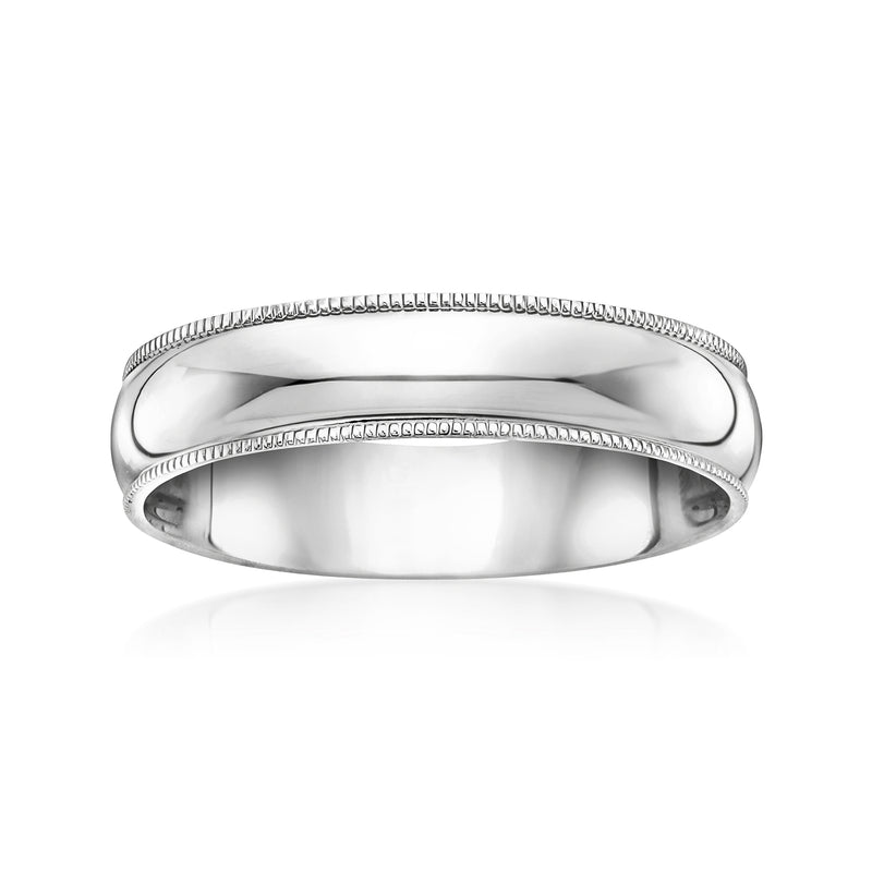 Men's white gold wedding band with milgrain edge detailing and polished comfort fit