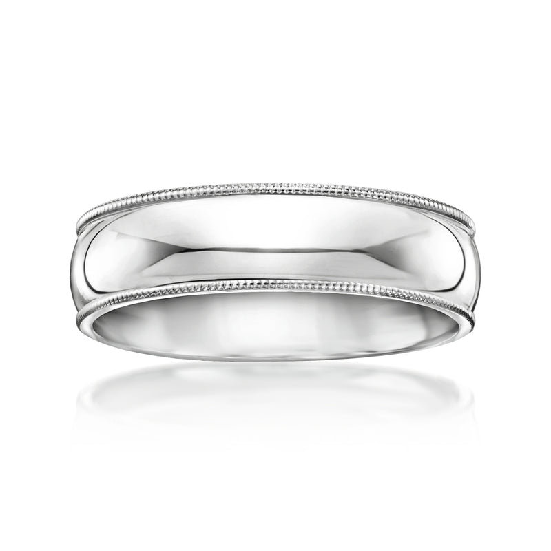 14kt white gold wedding band with milgrain edge and polished center