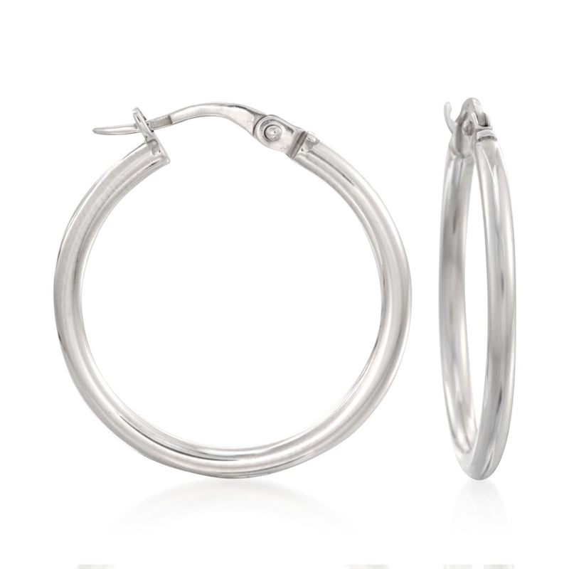18kt white gold hoop earrings with small clear stone clasp detail