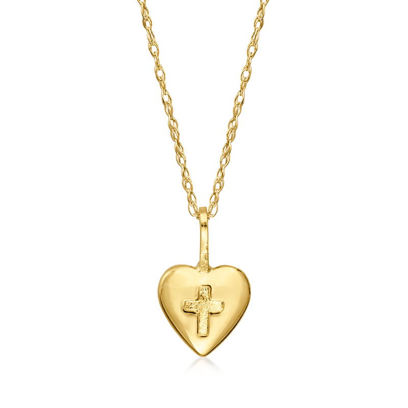 Child's 14kt yellow gold heart pendant necklace with small cross charm on chain