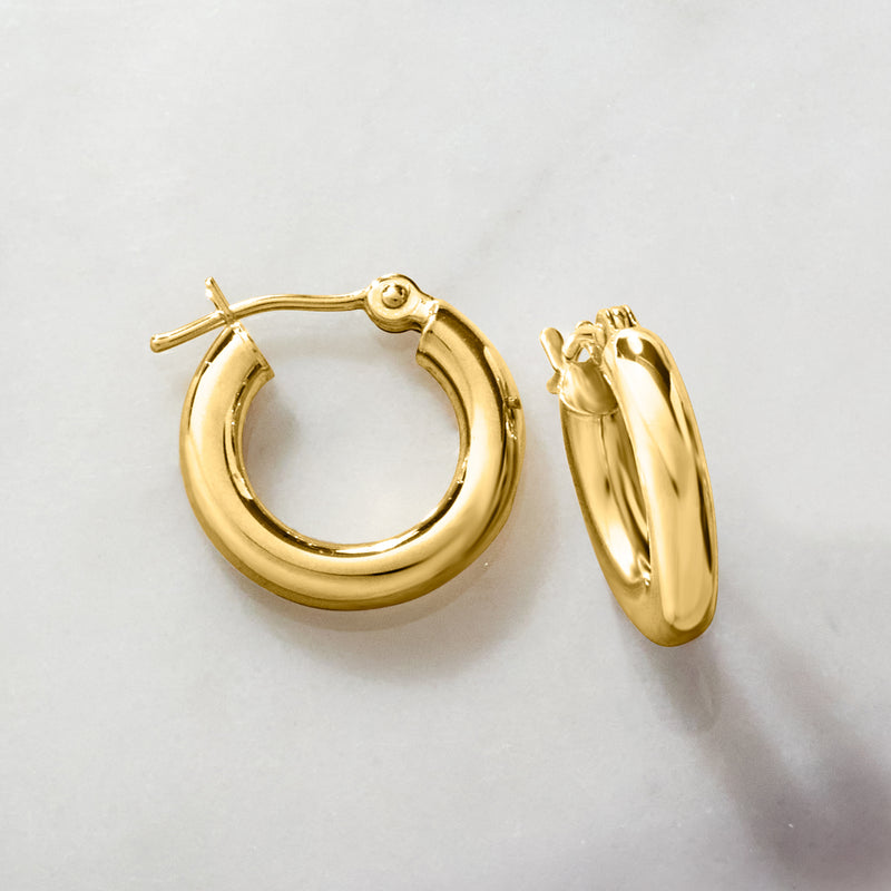 14kt yellow gold huggie hoop earrings, back view with hinged latch details