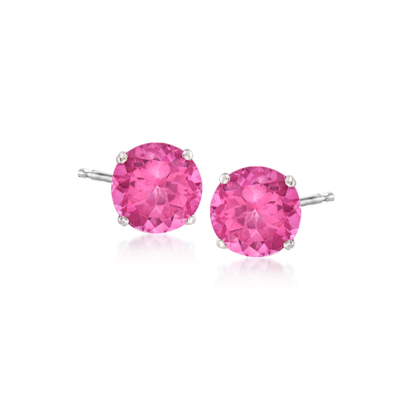 Round pink topaz stud earrings in 14kt white gold, faceted round stones