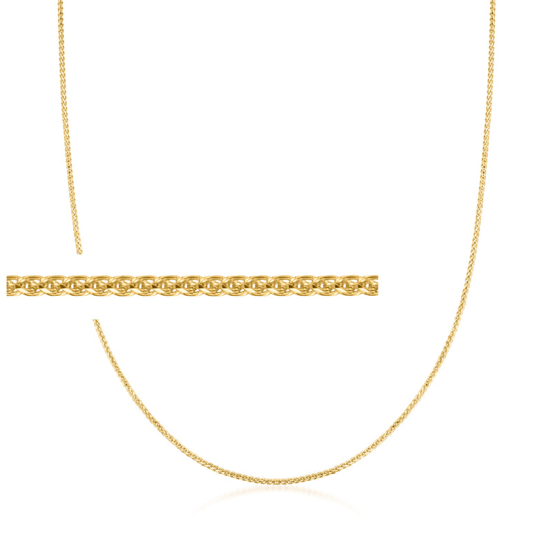 14kt yellow gold wheat-chain necklace, flat oval links with smooth shine.