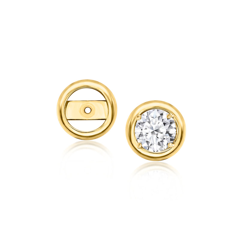 14kt yellow gold earring jacket with round bezel clear stone