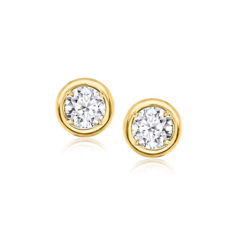 Yellow gold earring jacket pair with round bezel clear stones