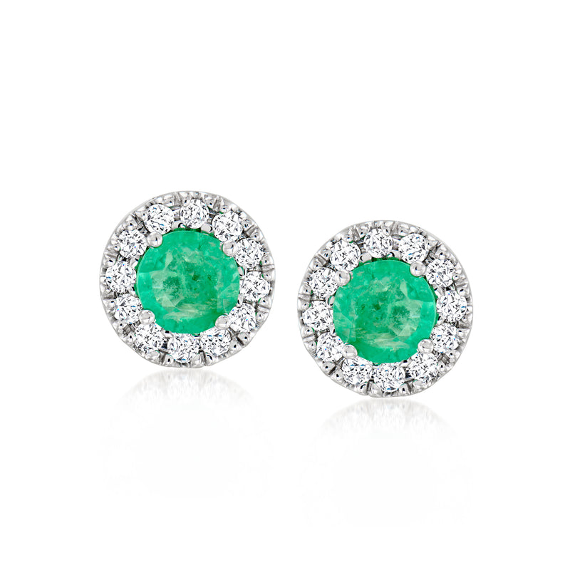 Emerald and diamond halo stud earrings in 14kt white gold, round green center