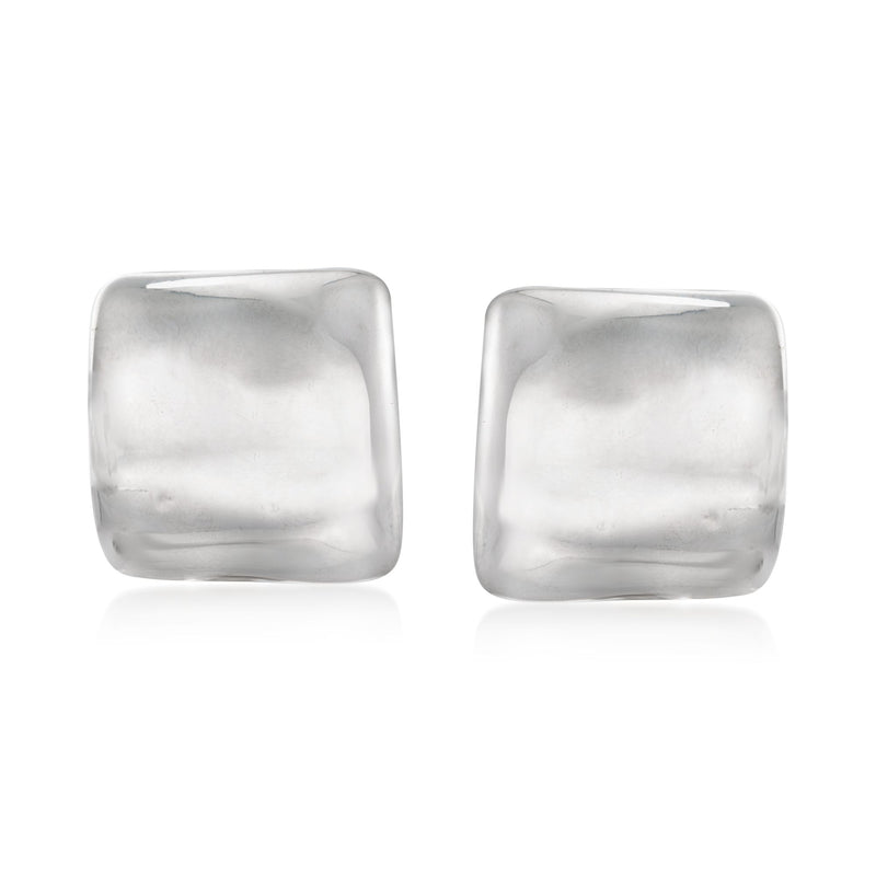 Large square sterling silver clip-on earrings, smooth brushed finish.