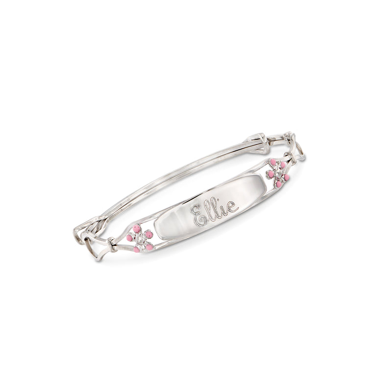 Sterling silver ID bracelet with pink enamel flowers and engraved name