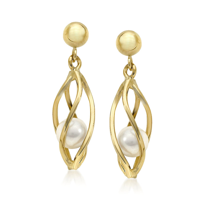 Cultured pearl cage earrings in 14kt yellow gold, round pearl drop on gold posts