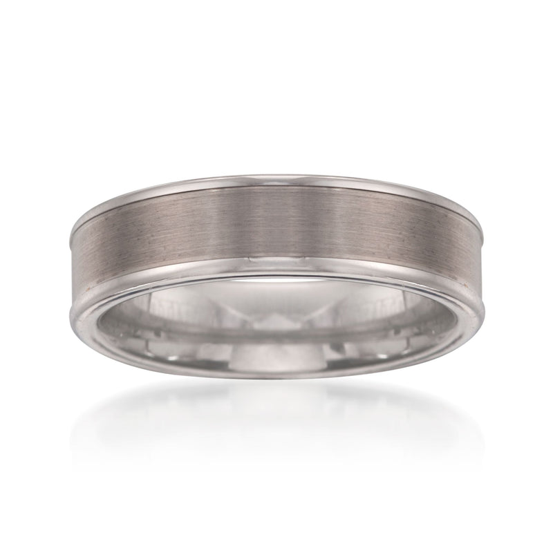Brushed tungsten carbide wedding band with polished inner edge, flat profile