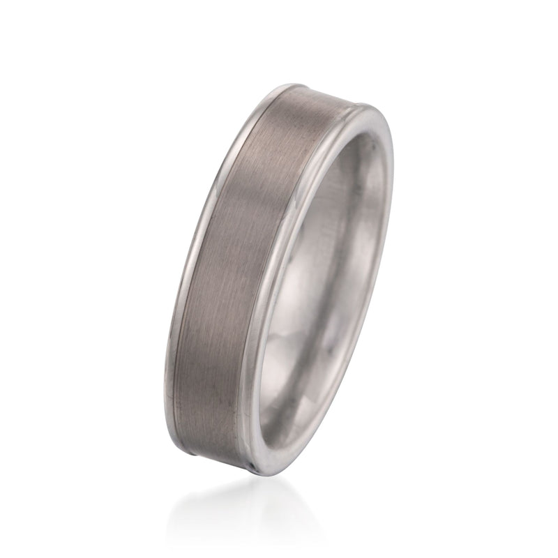 Brushed tungsten carbide wedding band, side view with smooth rounded edges
