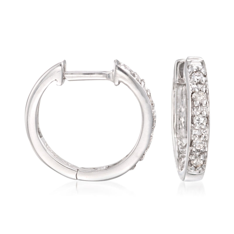 14kt white gold huggie hoop earring with diamond accents, single hoop