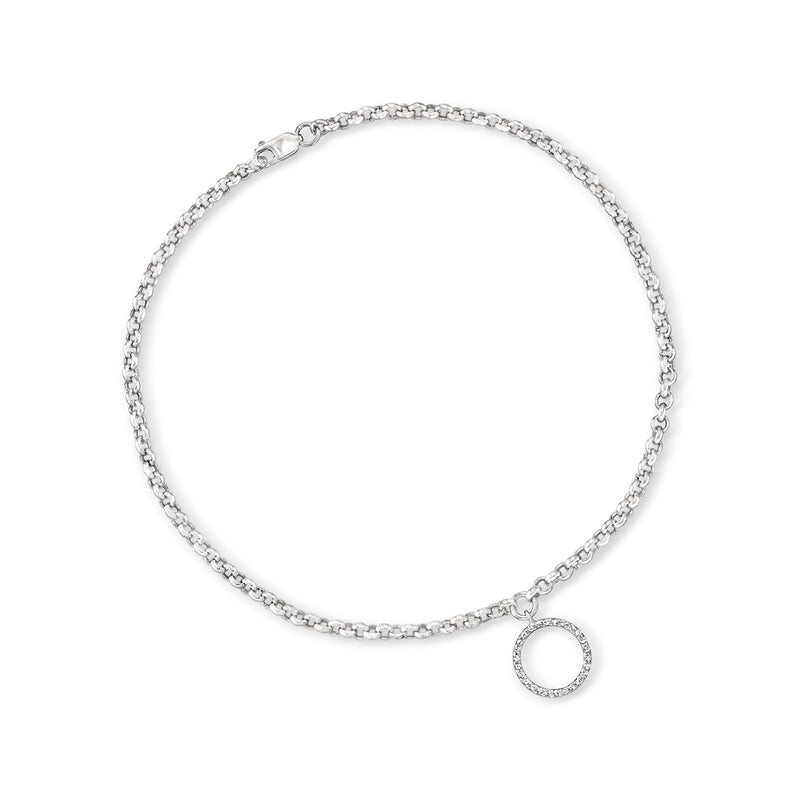 14kt white gold diamond circle charm anklet with round pendant
