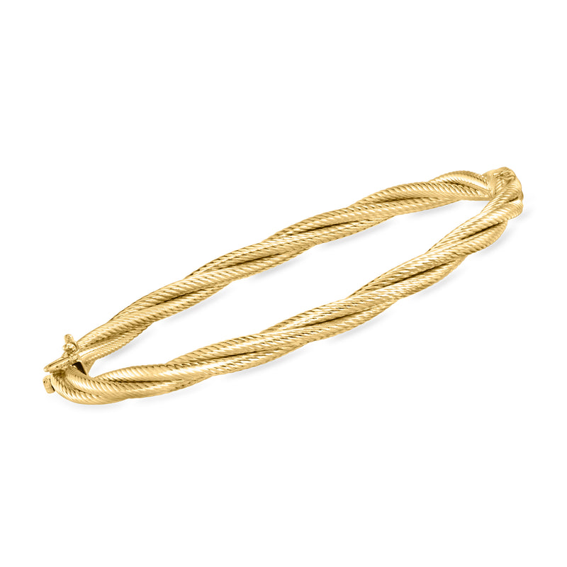 Twisted 14kt yellow gold bangle bracelet with braided rope design and end caps