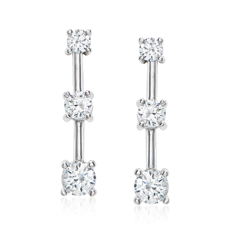 14kt white gold diamond drop earrings with three round stones, post backs