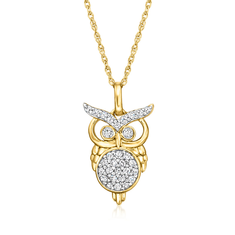 Gold owl pendant necklace with round diamond-look accents and prong-set stones