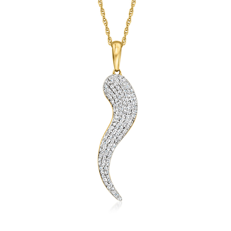 Pave diamond Italian horn pendant necklace in gold over sterling