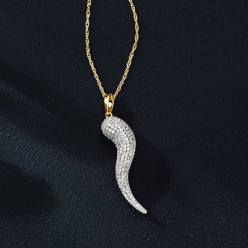 Italian horn pendant necklace with pave diamonds and gold-tone chain