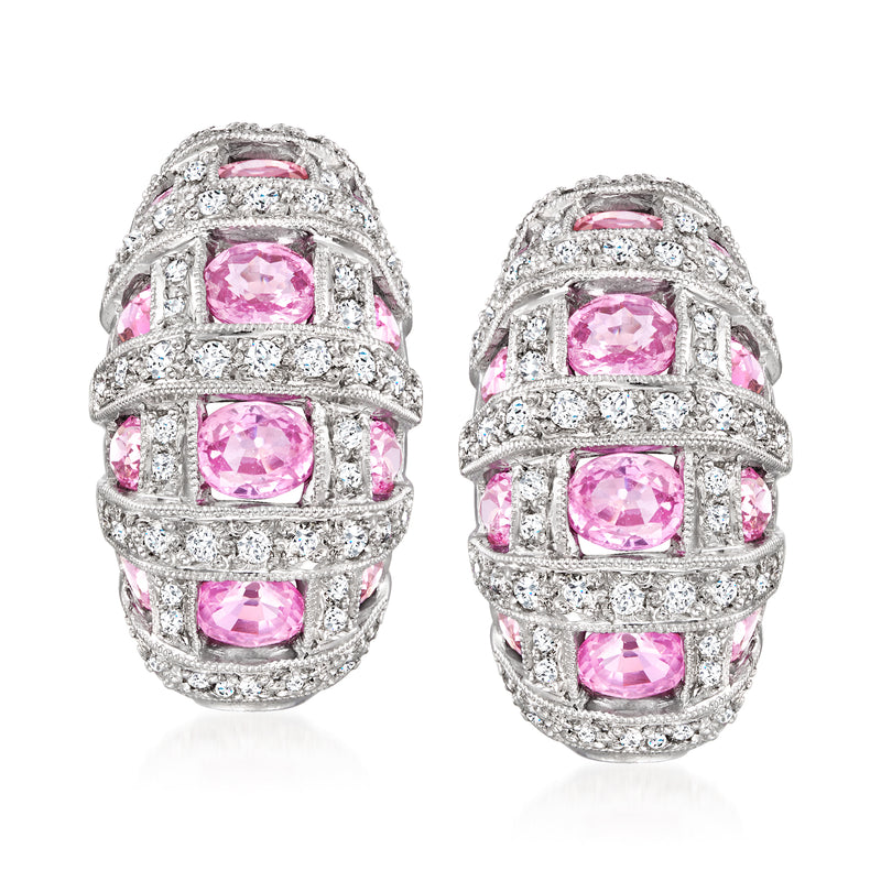 18kt white gold curved earrings with pink sapphires and diamond accents