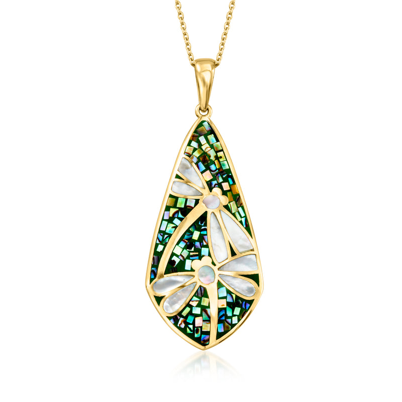 Dragonfly mosaic pendant necklace with iridescent green abalone teardrop center
