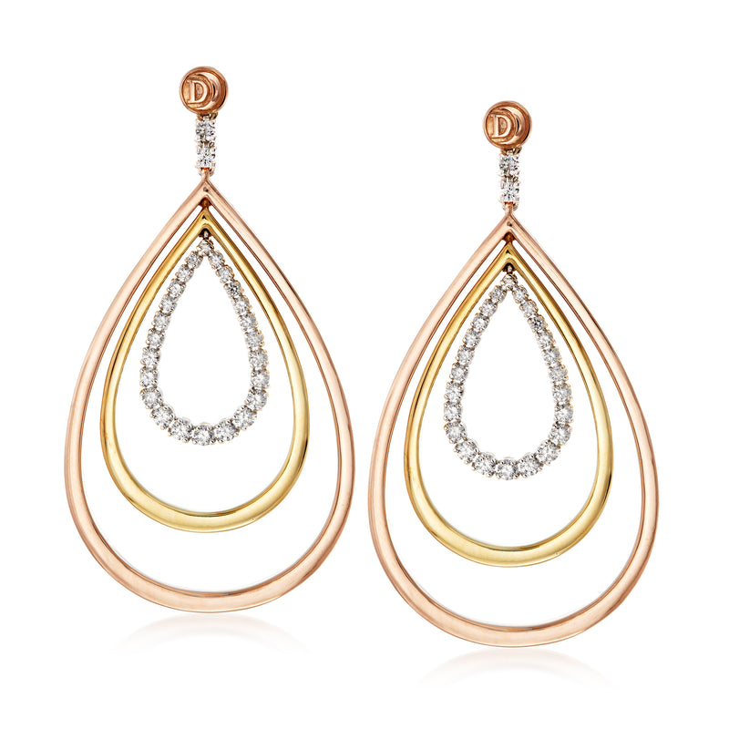 Teardrop drop earrings in tri-colored gold with diamond inner teardrop accents