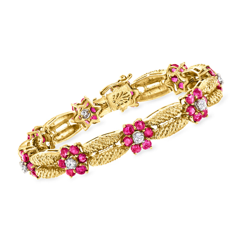 18kt yellow gold bracelet with ruby-pink flower links and small diamond accents
