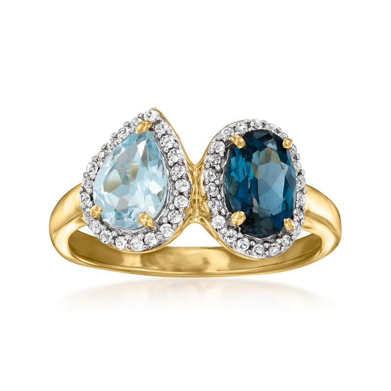 Gold-tone toi et moi ring with oval light blue and dark blue topaz, white gemstone halos