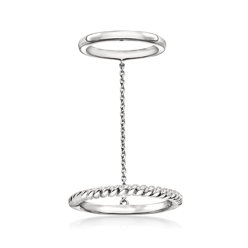 Sterling silver polished double ring with twisted band and dangling chain connector