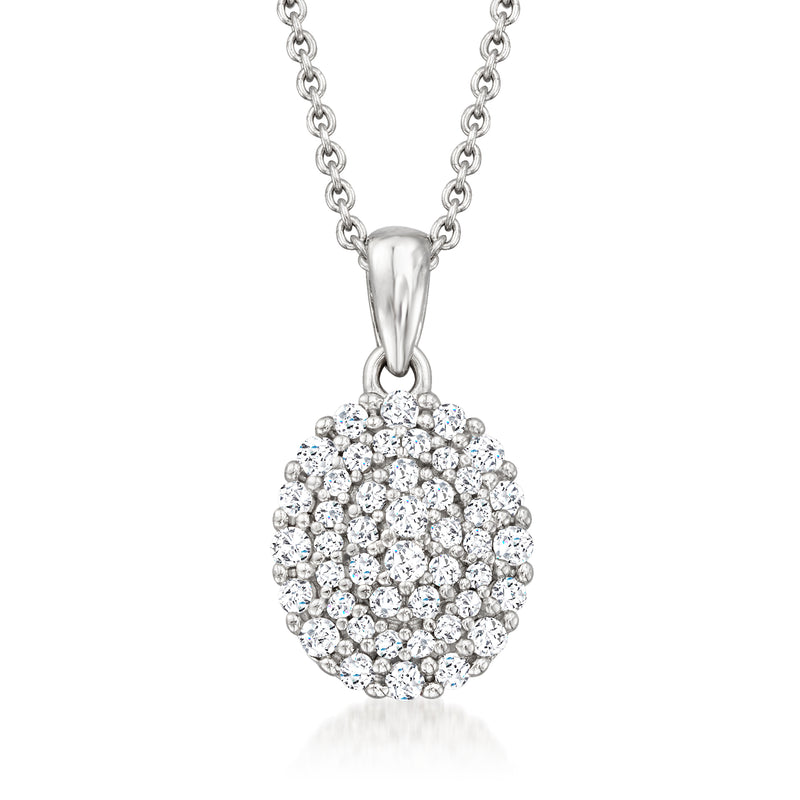 Sterling silver oval diamond cluster pendant with round stones and link chain