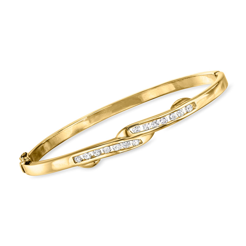 Vintage diamond bypass bangle bracelet in yellow gold with two diamond rows